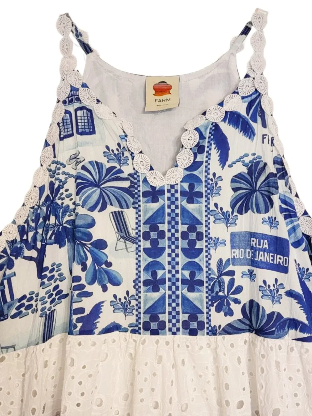 FARM Rio Blue & White Floral Eyelet Tiered Maxi Dress with Waist Tie - Picture 3 of 10